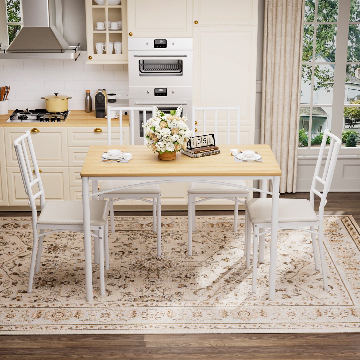 DESMIU Set Tafel En Stoelen 110 x 60 x 76,5 cm - Ruimtebesparend Met 4 Stoelen - Voor Keuken En Eetkamer - Hout Metaal - Naturel Wit