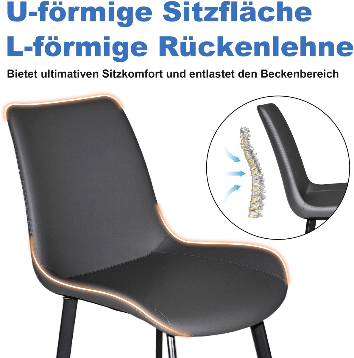 OKWISH Eetkamerstoel Set van 4 - Gewelfde Rugleuning en Gewatteerde Zitting - Stabiele Metalen Poten - Voor Eetkamer en Vergaderruimte - Kunstleer - Grijs