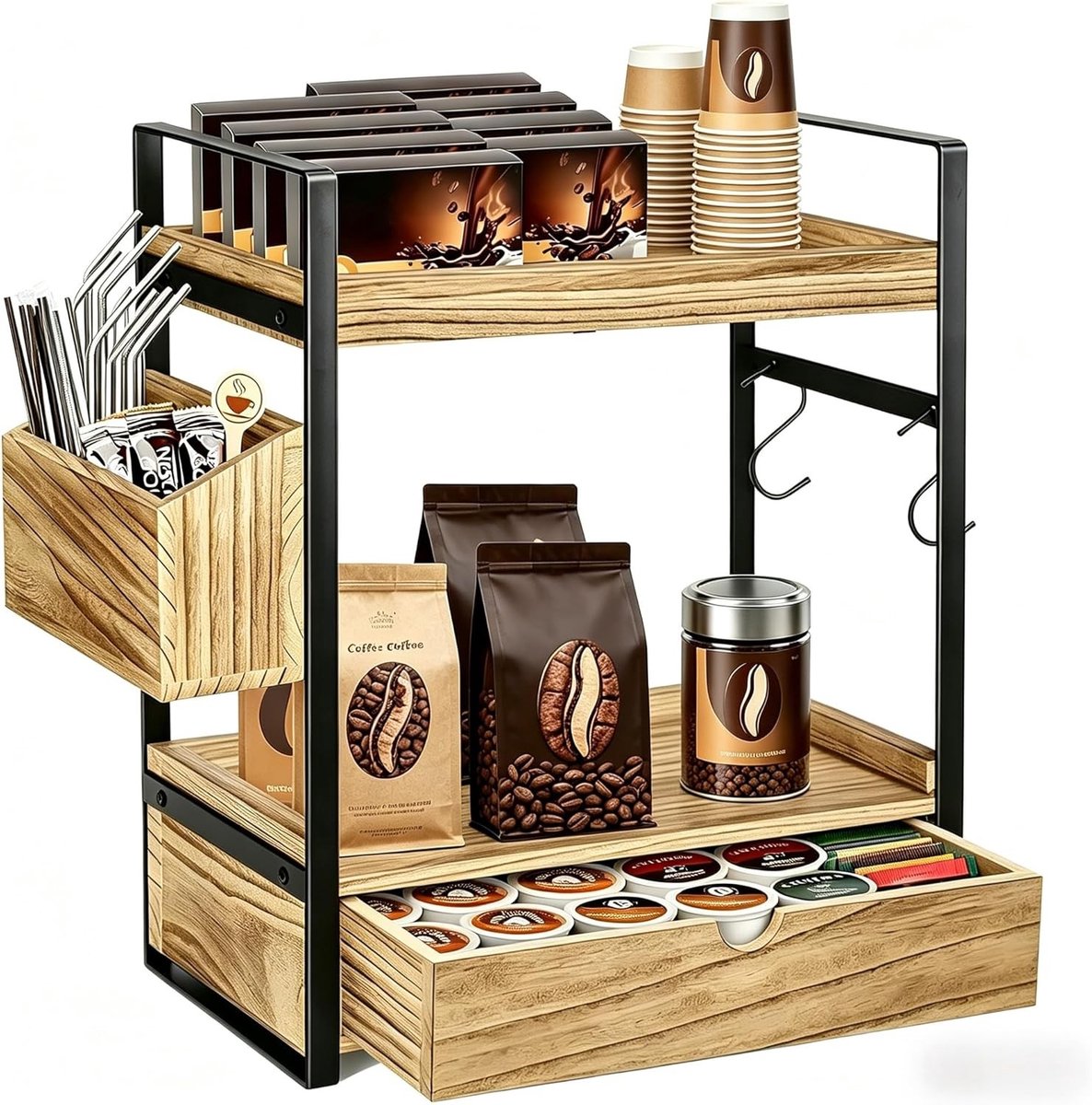 Drie-laags Koffie Organizer met Mand en Mokkenhaken, Houten Koffie Accessoires voor Keuken en Thuiswerkplek