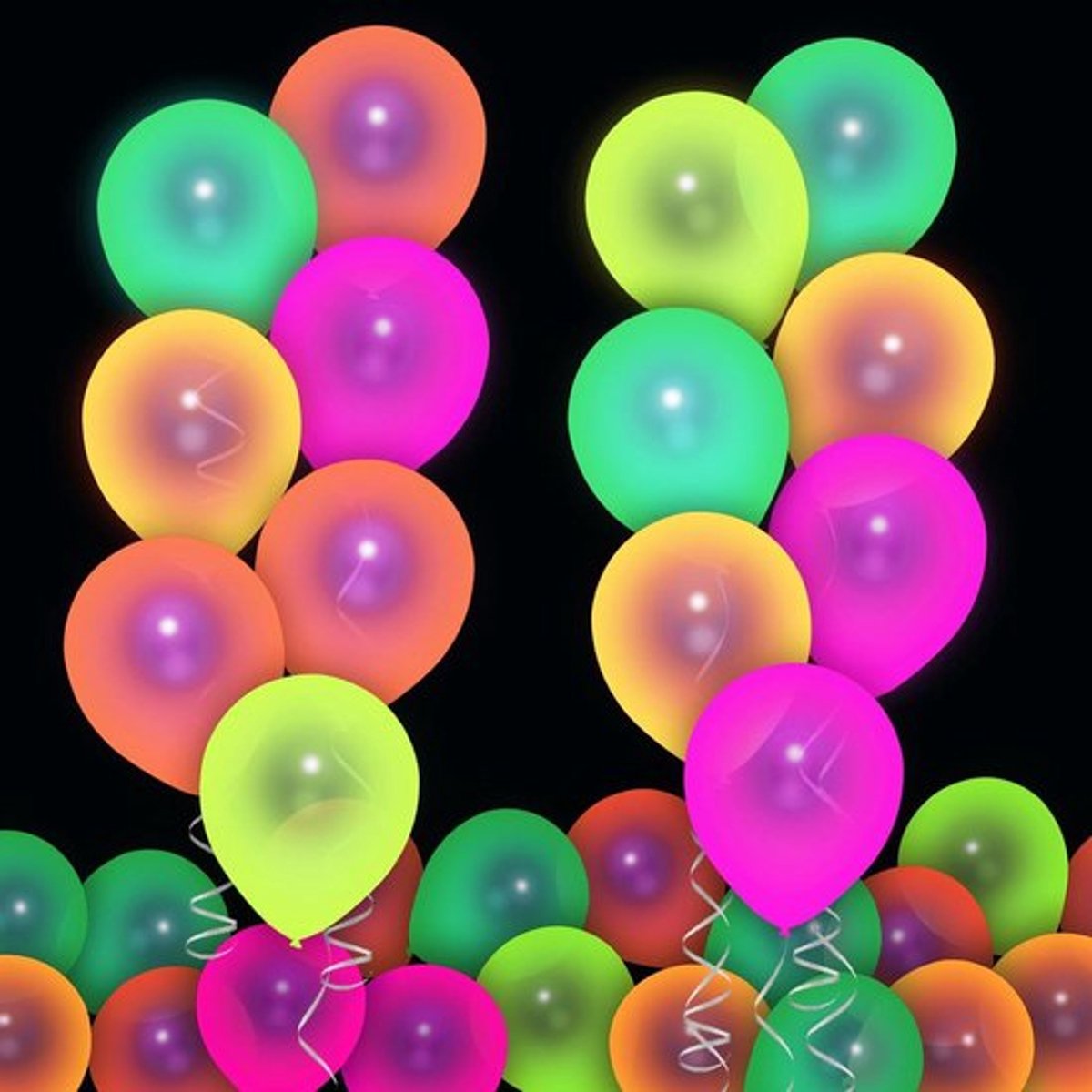 Set van 50 neonballonnen in 5 kleuren die oplichten onder UV-licht, perfect voor feestdecoratie bij verjaardagen, vrijgezellenfeesten, carnaval en clubs