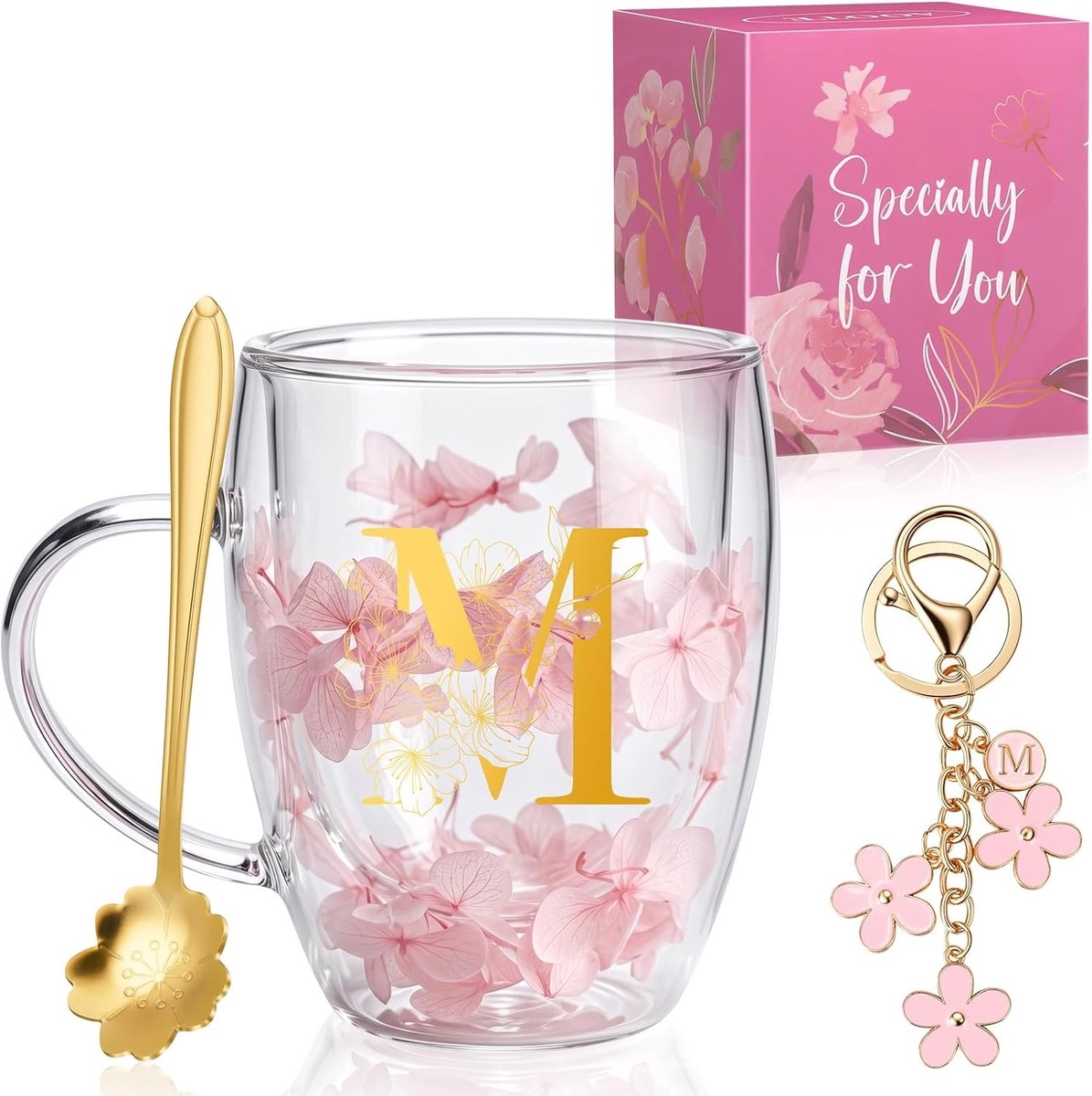 Dubbelwandige Glazen Theekopjes met Gedroogde Bloemen, Handvat en Lepel, Perfecte Cadeaus voor Vrouwen, Unieke Koffiemok voor Theeliefhebbers en Bloemenliefhebbers, 350 ml