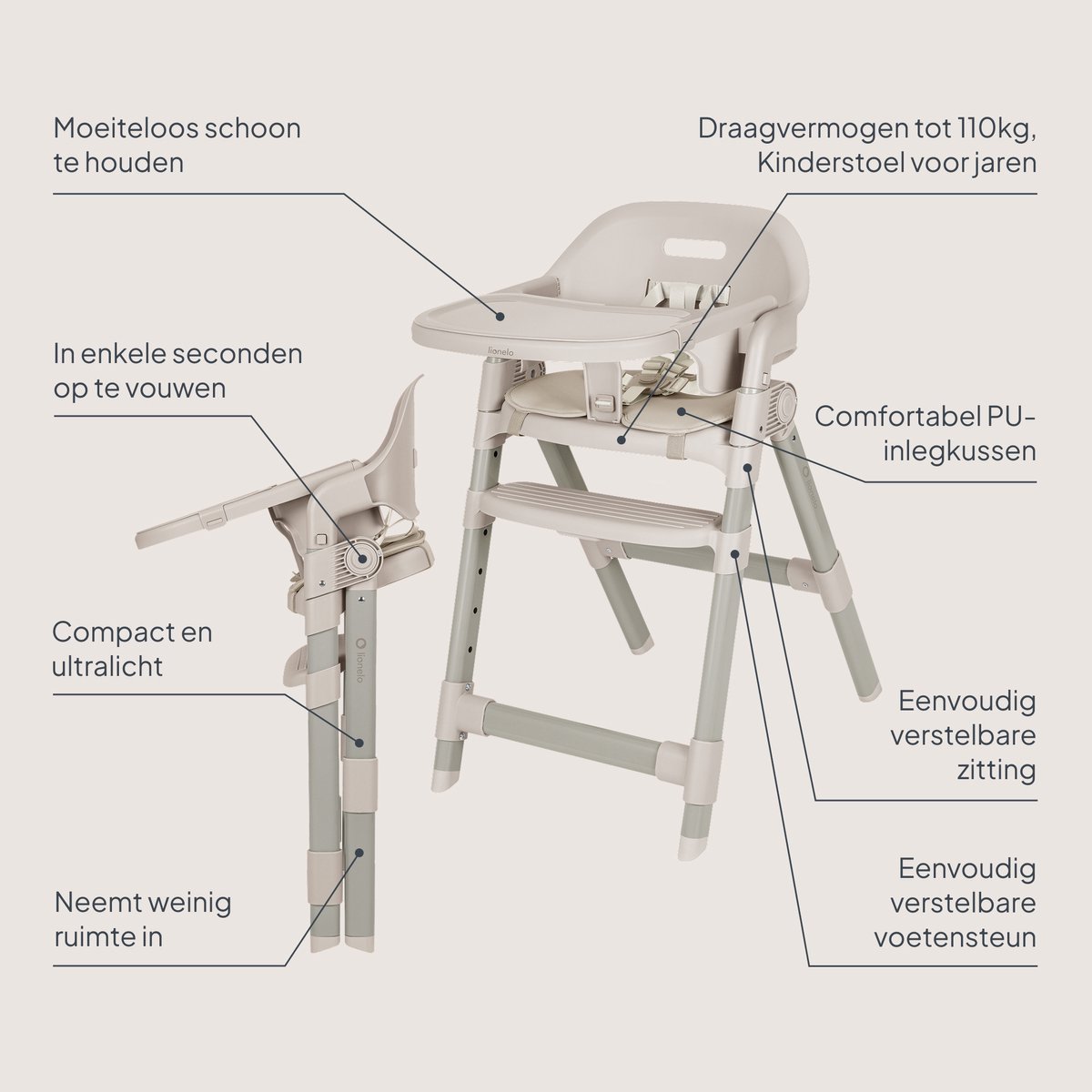 Lionelo Matt Kinderstoel 3in1 – Meegroeiende Eetstoel van 6 Maanden tot 110 kg – Opvouwbaar – Verstelbare Zitting & Voetensteun – 5-Puntsgordel – Afneembare Tray – Compact Design – Kinderstoel voor Baby, Kind en Volwassene – foto 4