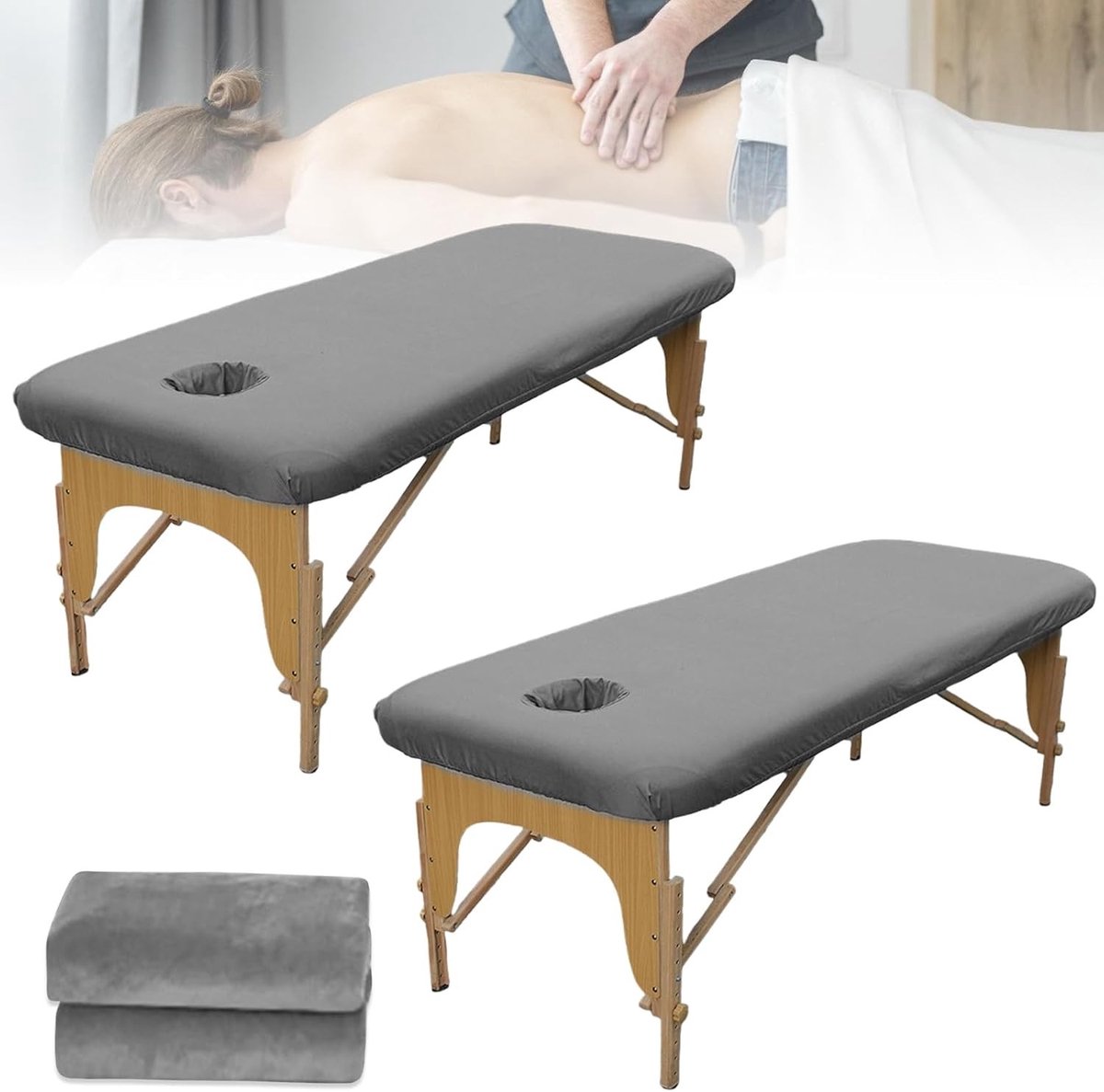 Set van 2 Wasbare Massage Stoelhoezen 80 x 190 cm Water- en Oliebestendig voor Cosmetische Tafels en Therapiebanken - Grijs