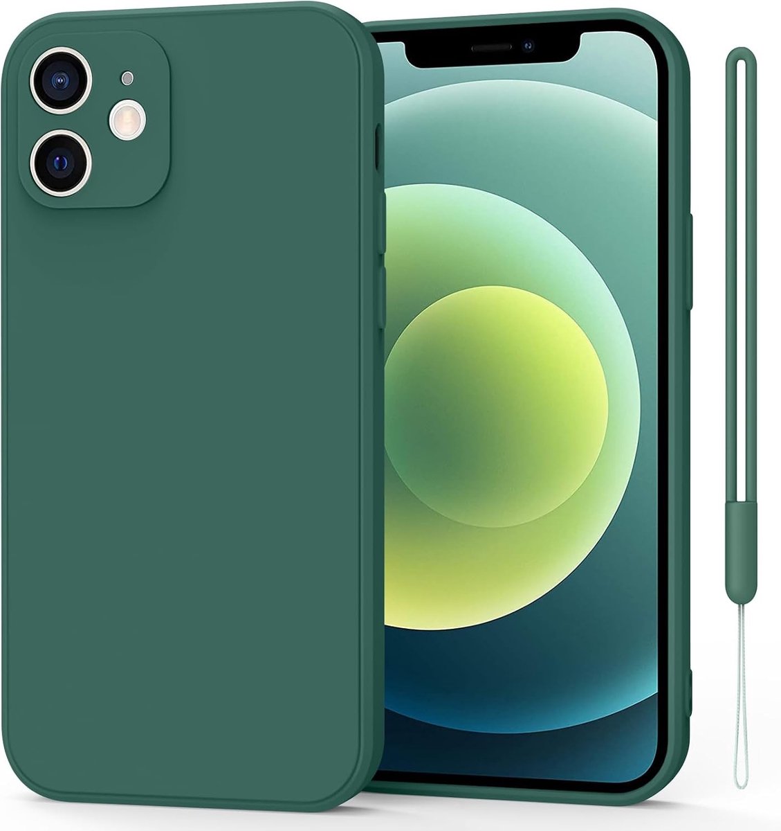 Beschermhoes voor iPhone 12 6,1 inch, zachte siliconen met microvezelvoering, rechte rand, donkergroen, schokbestendig en krasbestendig