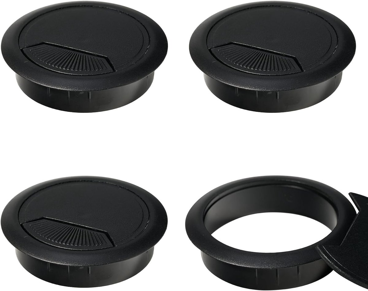 4-delige set ronde kabeldoorvoeren van 60 mm voor bureau, kabeldoorvoer, kabelbeheer en desk grommets in zwart