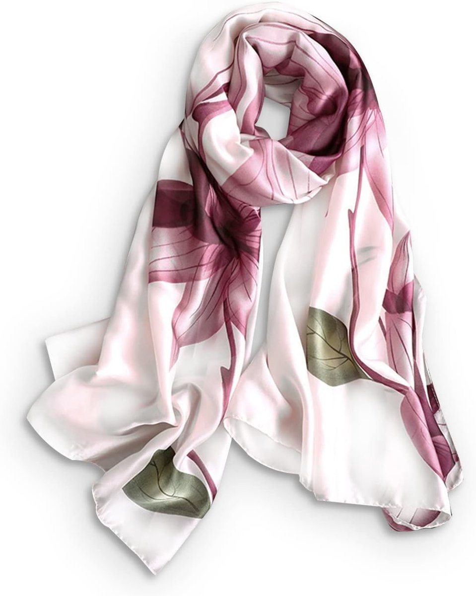 Elegante Zijden Sjaal voor Dames met Bloemen- en Bladerenprint - Zachte en Warme Lange Neckerchief voor Elk Seizoen, Ideaal als Modeaccessoire en Zonnebescherming, Roze Floral, One Size