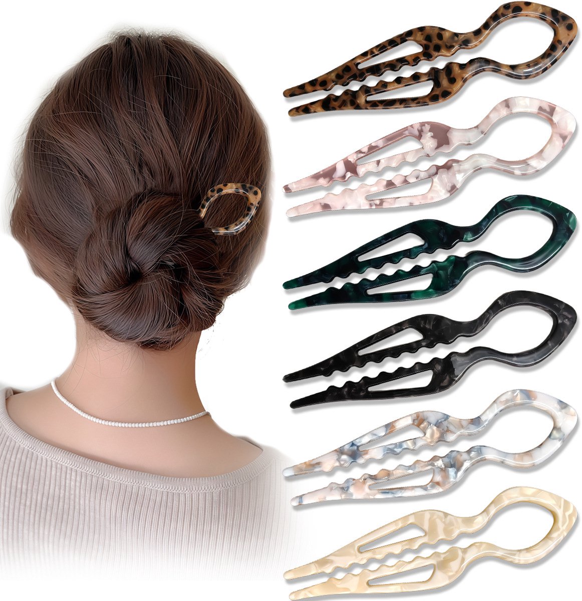 U-vormige Haarspelden - Acetaat - 11cm - Set van 6 Kleuren -Acetaat Haarspelden - Vissenmodel - Voor Knotten