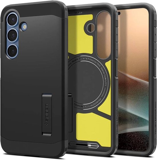 Zwarte Spigen telefoonhoes met gele binnenkant, gedetailleerd. "Designed by Spigen".