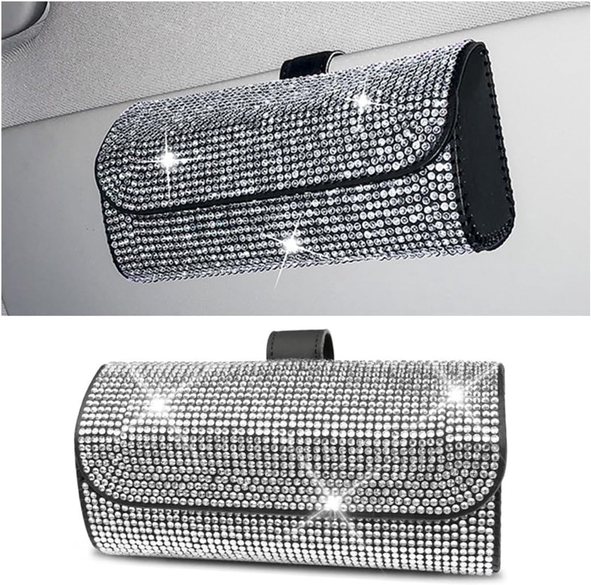 Zonnebrillenetui, kristallen zonnebrillenkoker voor autozonneklep, opbergtas voor zonnebril auto, auto-interieuraccessoires (wit)