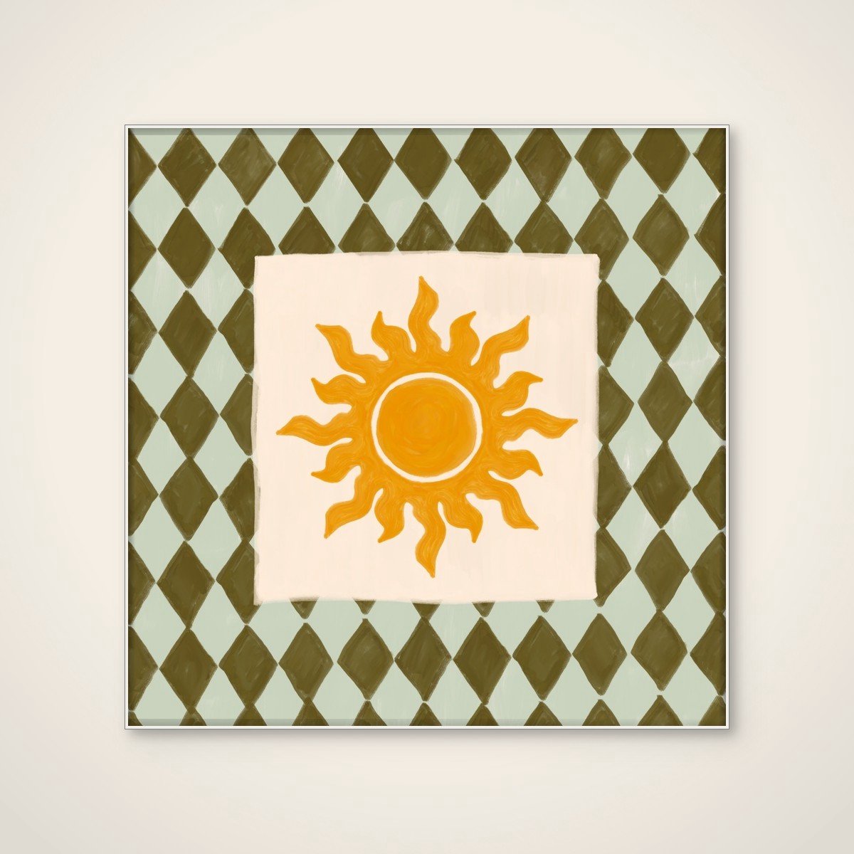 Akoestisch schilderij - 80 x 80 cm - Sunny Diamond Pattern van Katarzyna Gąsiorowska - Geometrische wanddecoratie - wit textielframe