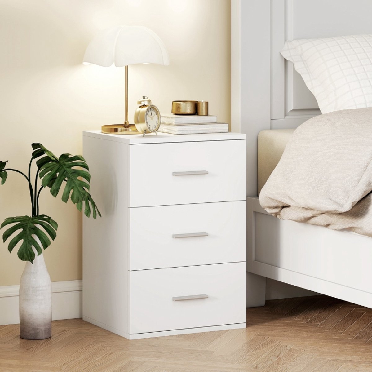 MODFU - Nachtkastje - Drie Lades - Modern - Slaapkamer - MDF - Wit