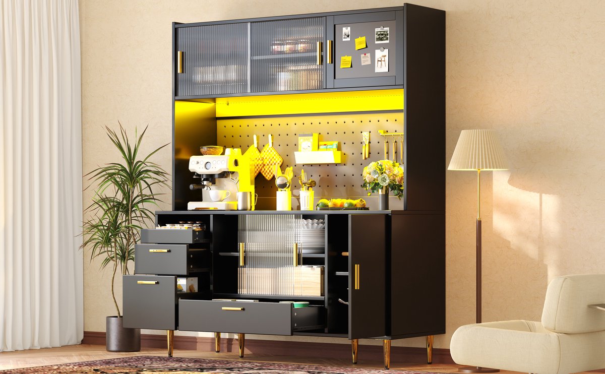 MODFU - Buffetkast - Zwart - LED Verlichting - Glazen Schuifdeur - Draadwand