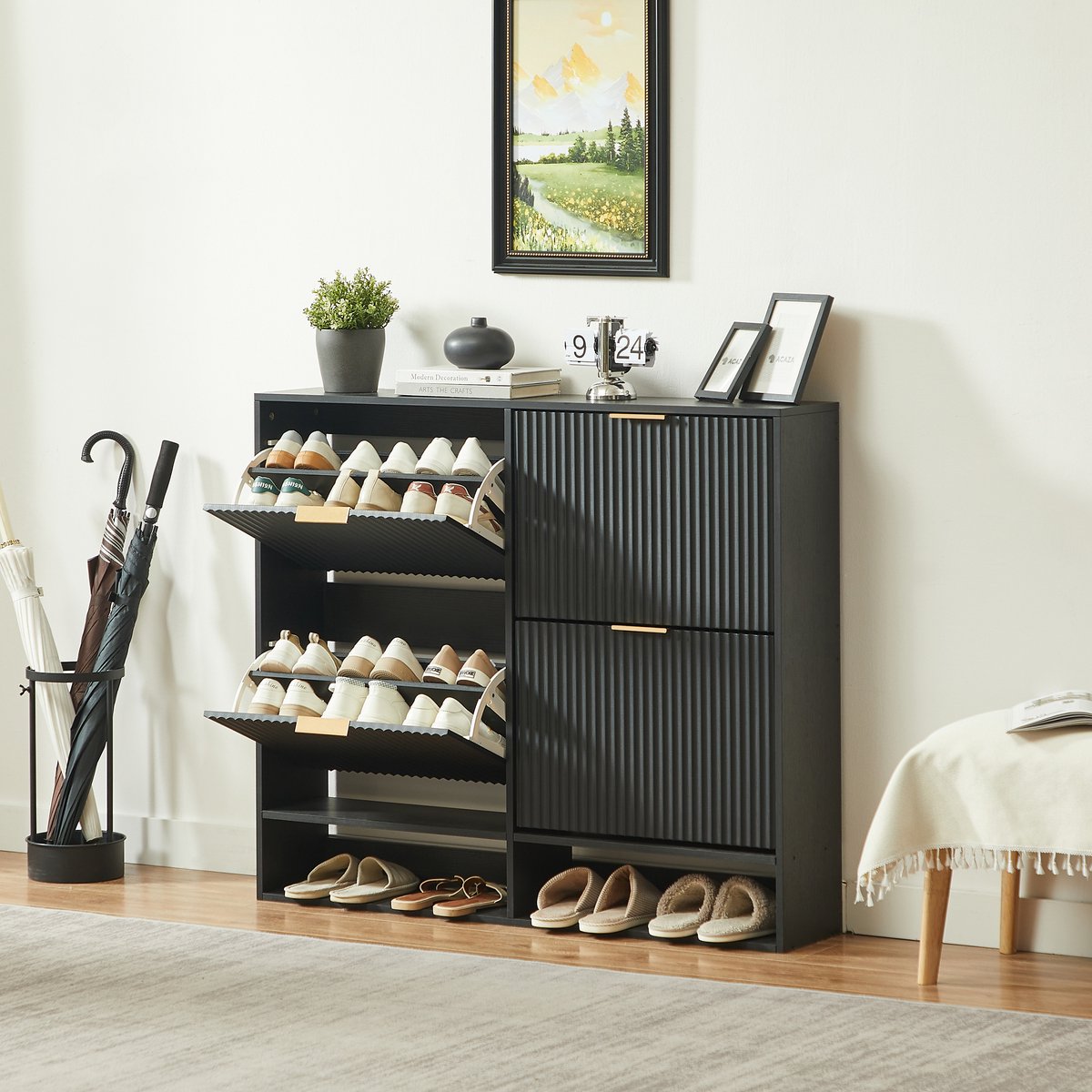 MODFU - Schoenenkast - Zwart - 120 X 24 X 102 Cm - Modern - Kippdeuren - Verstelbare Planken