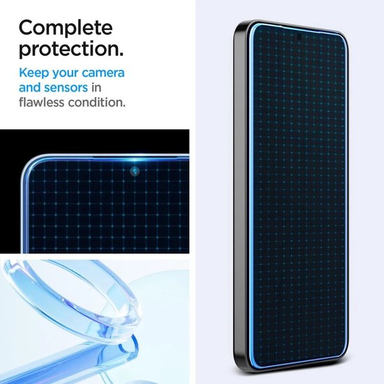 Téléphone avec des bords marqués de bleu et un motif quadrillé sur l'écran.