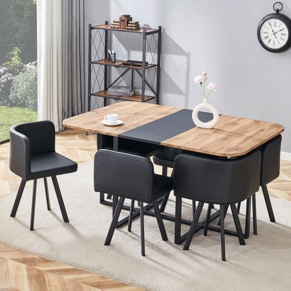 STILVORA Eettafelset - Uitschuifbare Tafel Met 6 Stoelen - Voor Keuken En Eetkamer - Hout En Metaal - 150x100x79 Cm - Zwart;Natuurlijk