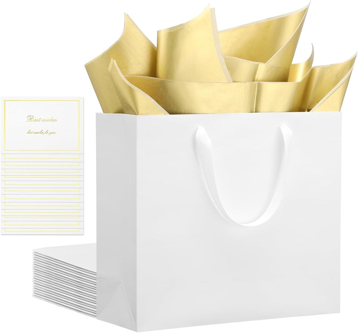 Set van 10 Witte Cadeauzakken met 10 Witte en Gouden Wenskaarten en 20 Gouden Inpakpapieren - Grote Papieren Tassen met Handvatten voor Bruiloften en Feestjes, 32x11.5x28cm