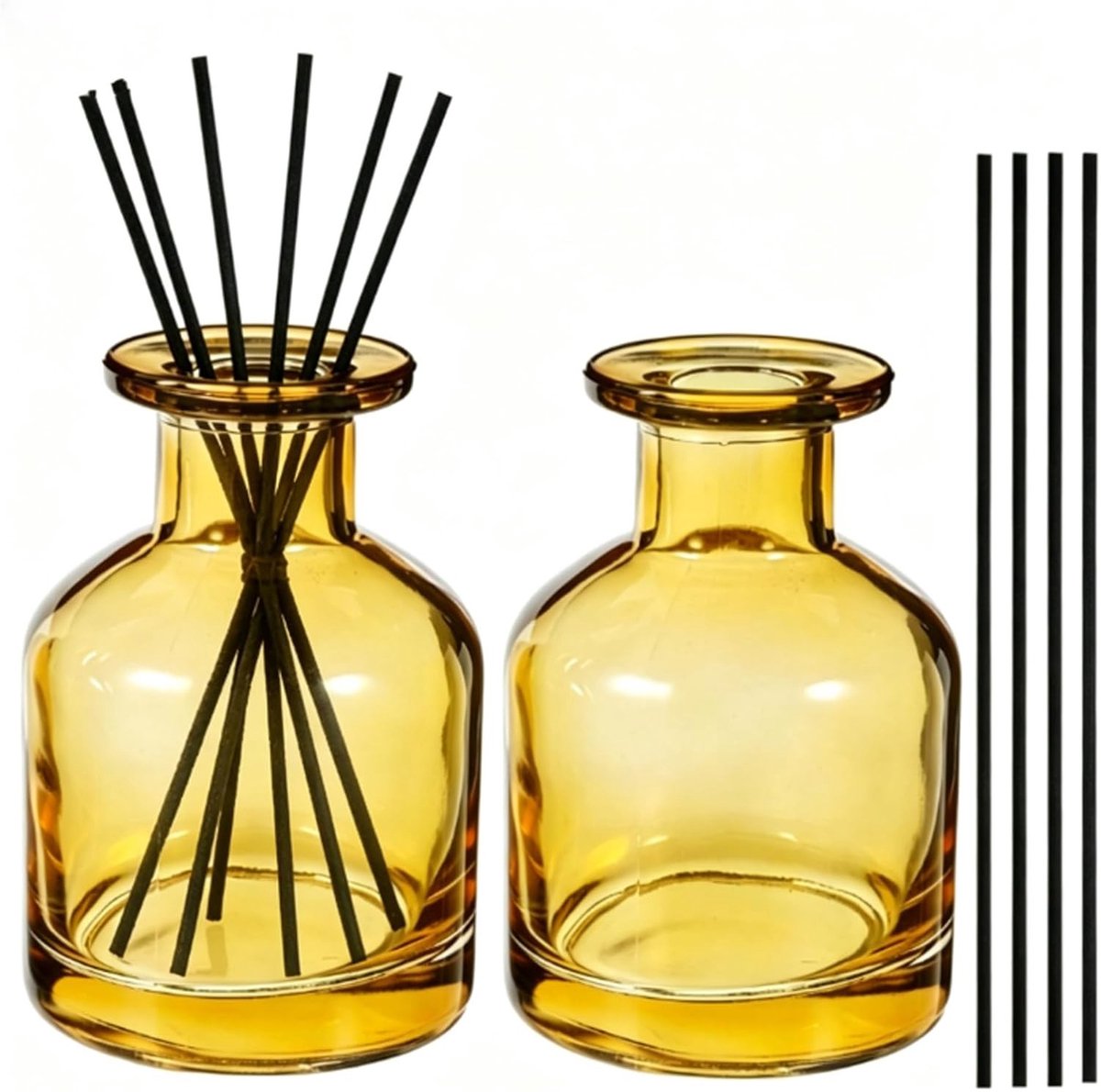Set van 2 glazen geurdiffuser flessen van 150ml met 10 stokjes voor aromatherapie, geurverspreiding en interieurdecoratie (Geel)