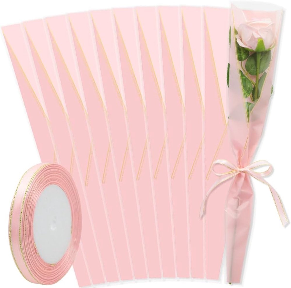 50 Rozenhoezen voor Boeketten, Roze Verpakkingszakken met Gouden Rand, Inclusief Strik voor Bruiloften, Verjaardagen en Jubilea, 45 x 12 cm