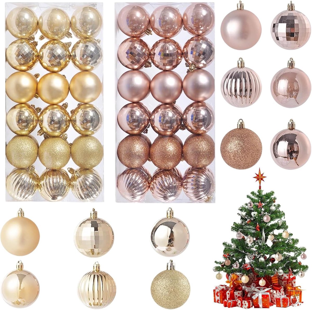 Set van 72 Plastic Kerstballen van 3 cm voor Feestelijke Kerstboomdecoratie in Goud en Roségoud