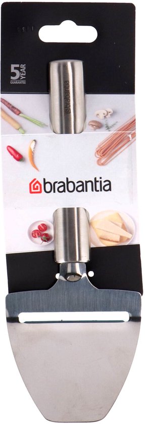 Brabantia kaasschaaf in verpakking, met roestvrijstalen lemmet en handvat.