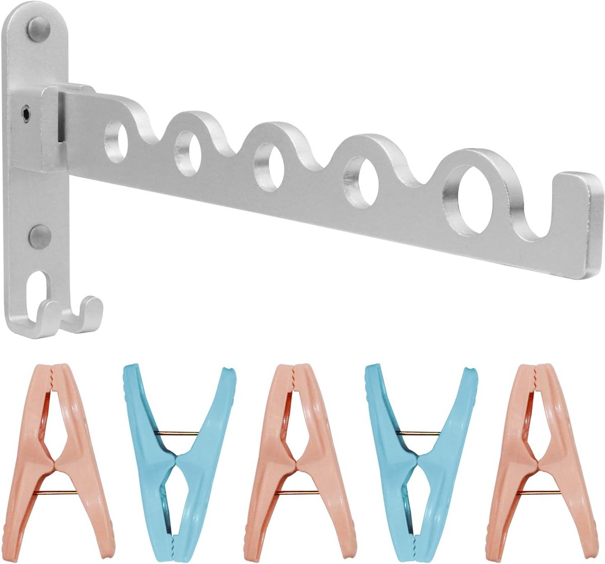 SnelShoppen - Vouwbare Kledinghaken Wandhaak voor Woonkamer, Badkamer, Balkon met 5 Stuks Clips, Aluminium, Zilver, Ruimtebesparend, Max. 20 kg