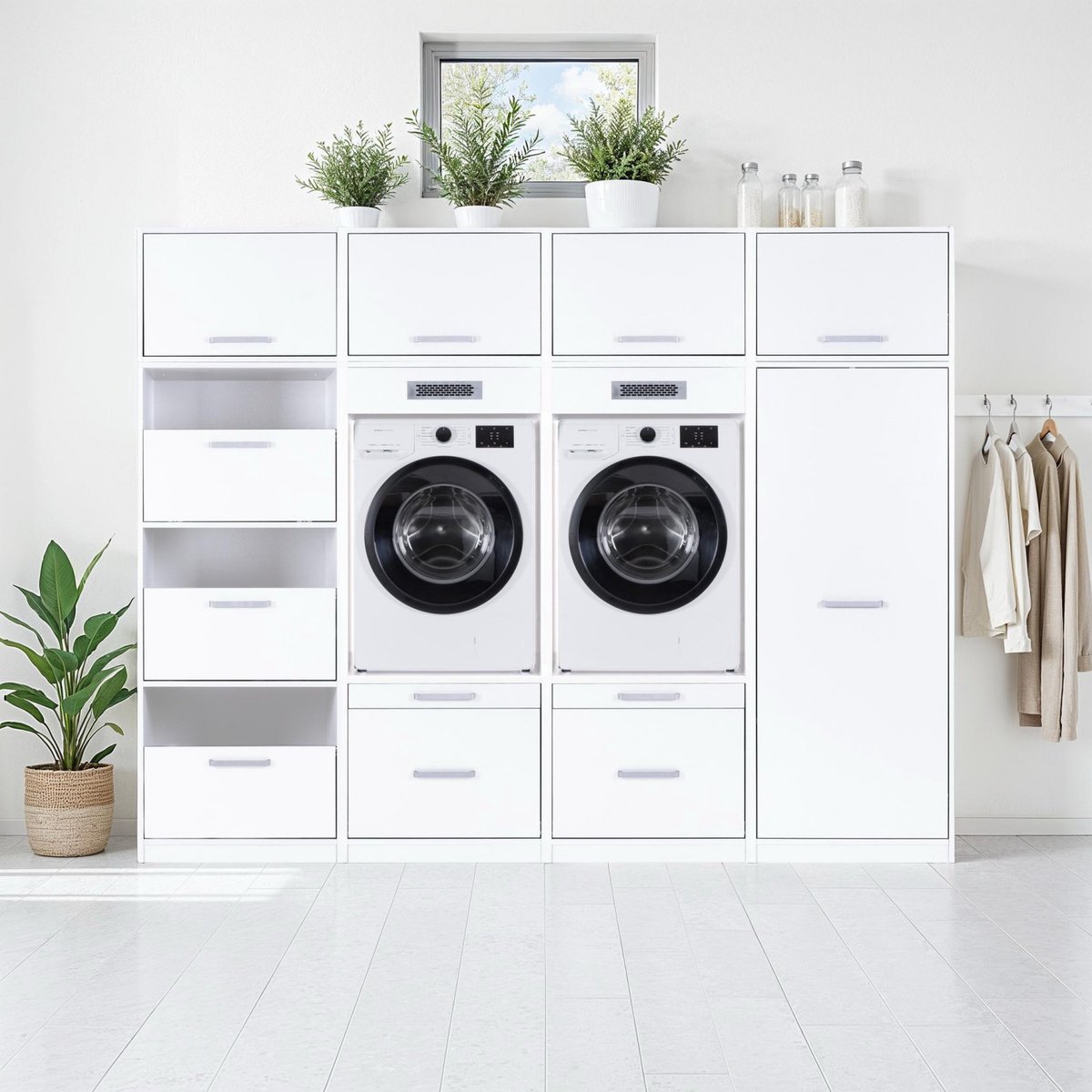 Interlink Lifestyle Studio Flow wasruimtecombinatie Bundel 3 wit - Complete wasruimte met 2 wasmachinekasten, 2 opbergkasten en 4 bovenkasten - Uittrekbare werkbladen - Softclose - Aluminium grepen - 268 x 68 x 208 cm