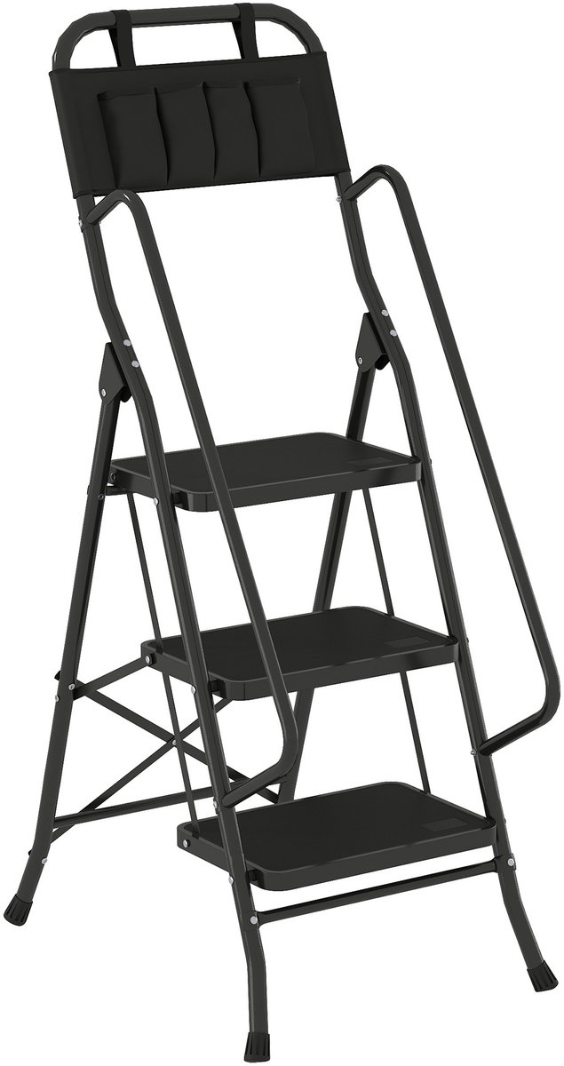 Drietrapsladder - Opklapbaar - Met gereedschapstas - Antislip treden - Brede treden - Zwart