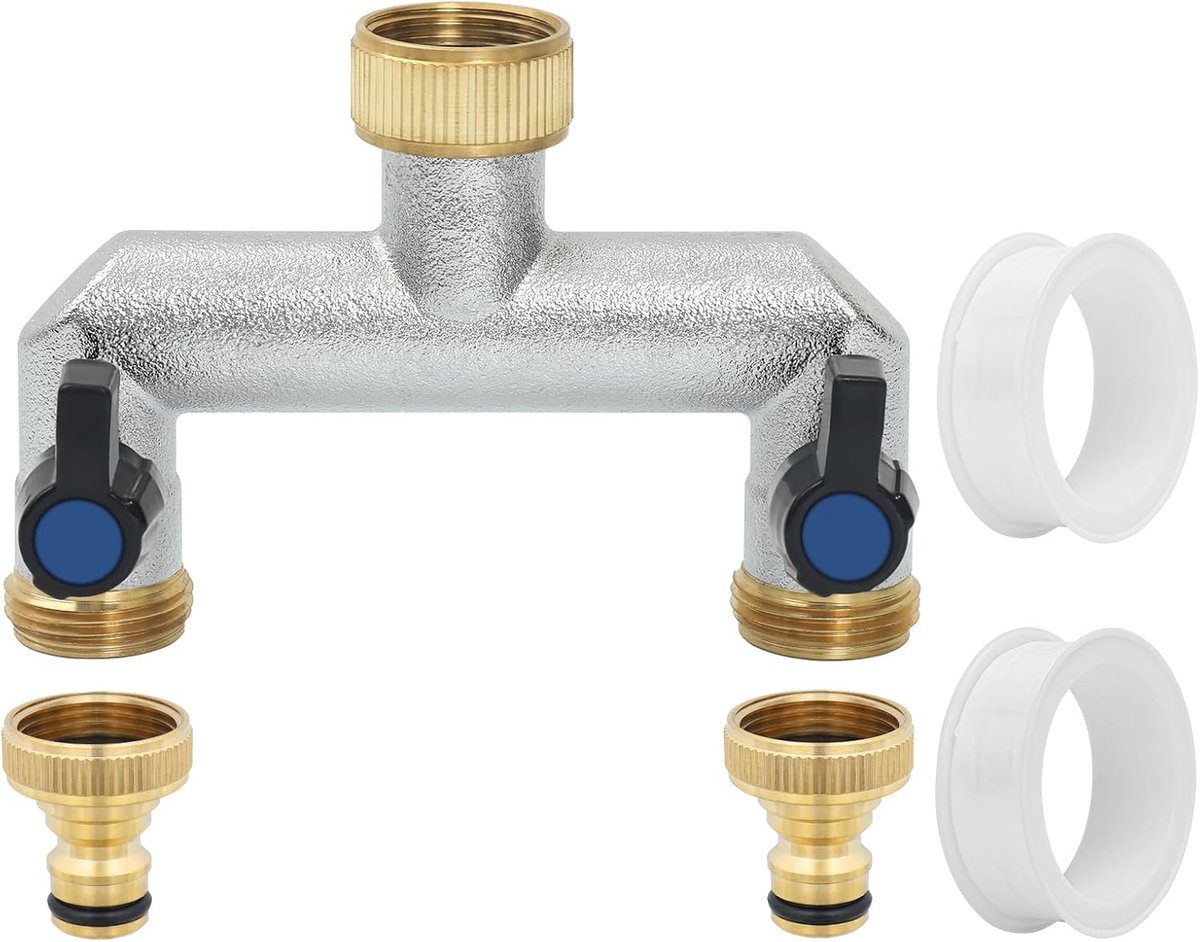 2-way water tap water distributor 1.8 cm - messing - 2-gang met 2 kogelkranen - ideaal voor tuinwater geven - SnelShoppen