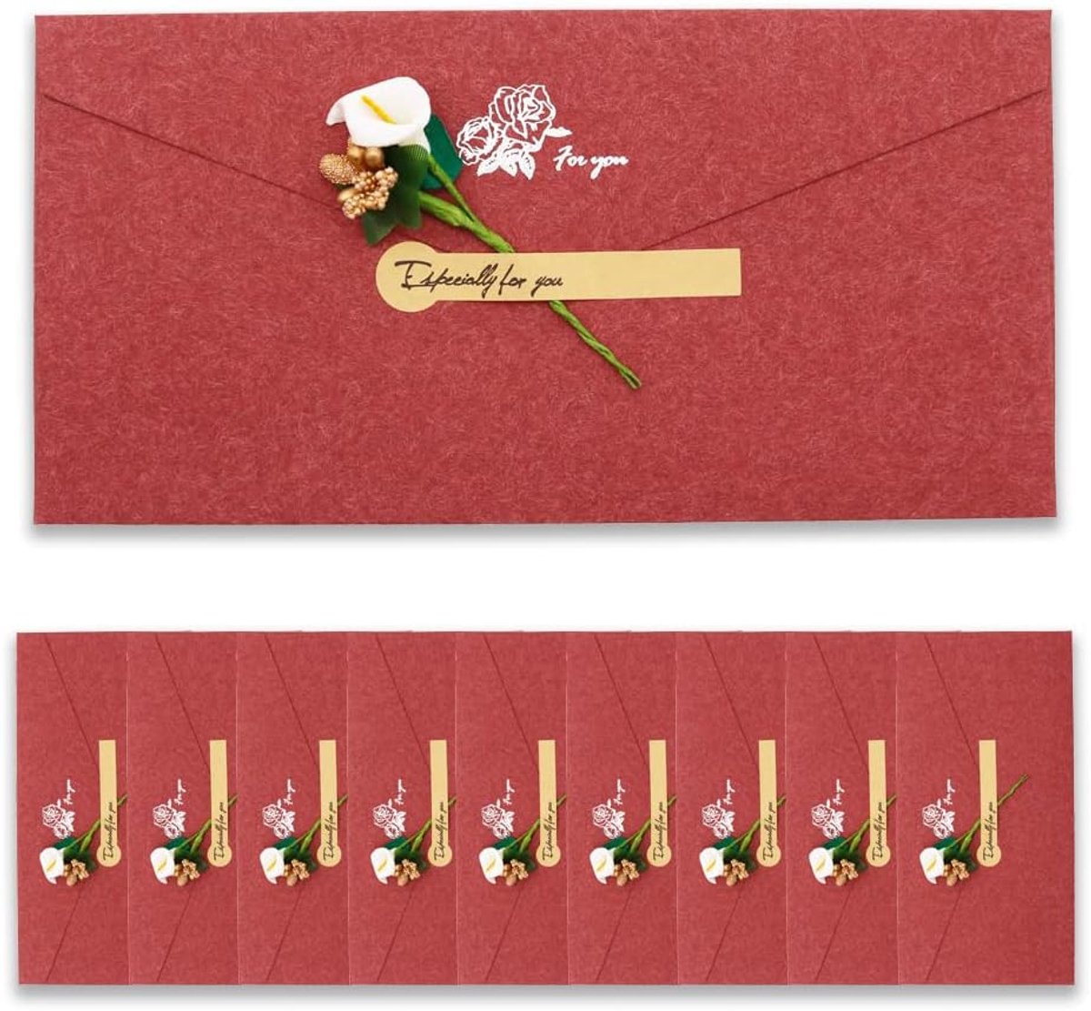 Kraftpapier Enveloppen 10 Stuks - Vintage Rood - Inclusief Wenskaarten en Drogen Bloemen Stickers - SnelShoppen