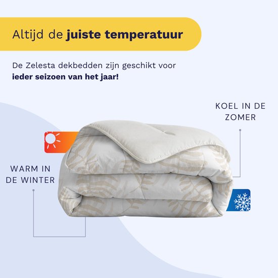 Gevouwen wit dekbed met beige bladerprint, met pictogrammen voor zomer en winter.