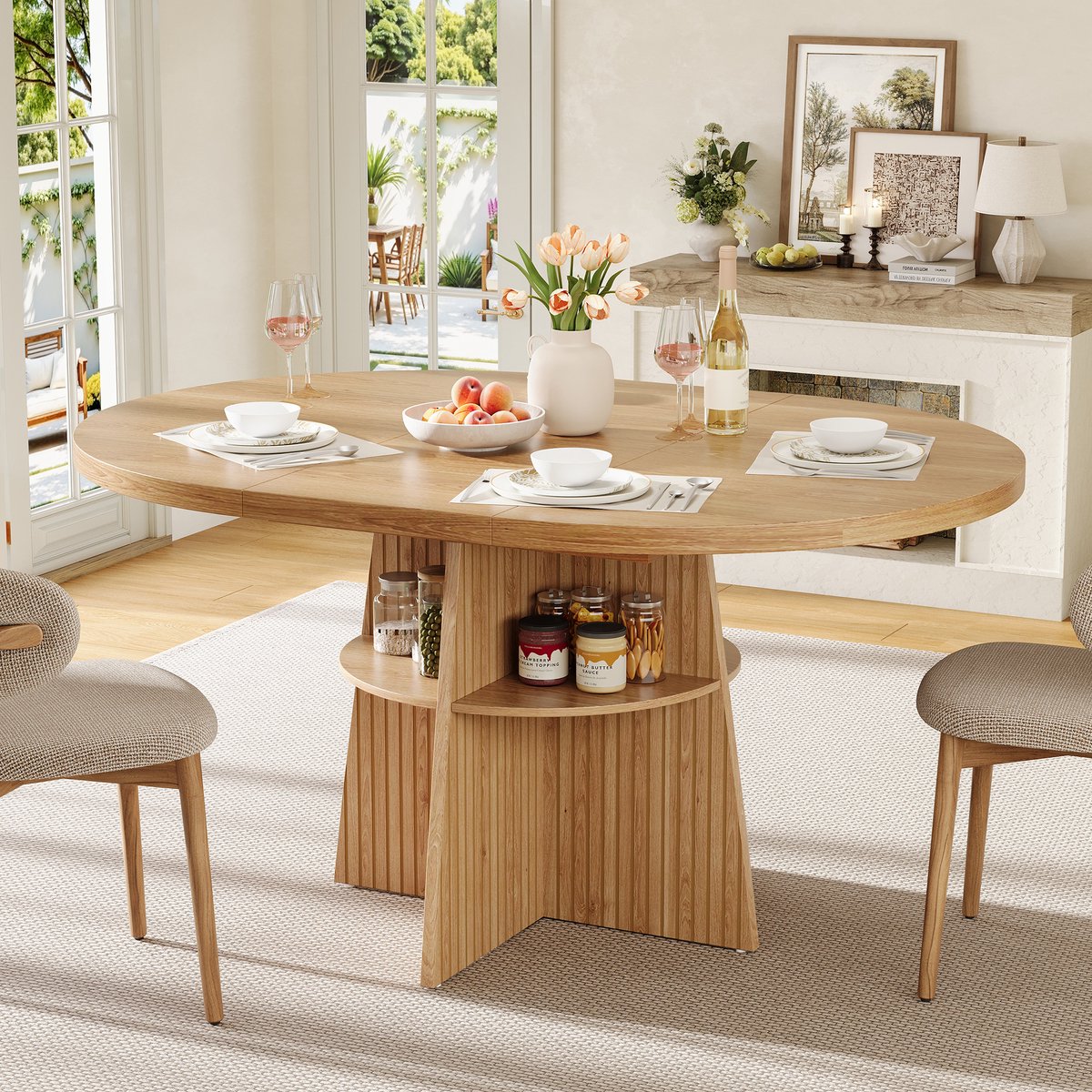 Pugsdrly Ronde uitschuifbare eettafel 110-150 x 110 x 77,5 cm, keukentafel voor 2-8 personen, ruimtebesparende eettafel met uitschuifbaar tafelblad en geïntegreerd opbergvlak, moderne houten tafel in natuurlijke look.