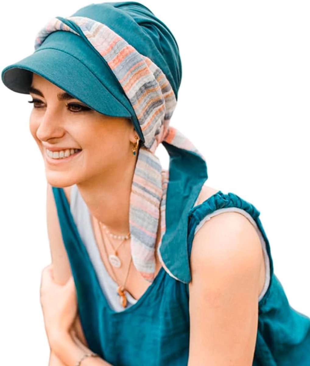 Amalfi Mediterraan vizier van staal, voor chemotherapie, bamboeweefsel, alopecia en haaruitval, Blauw, one size