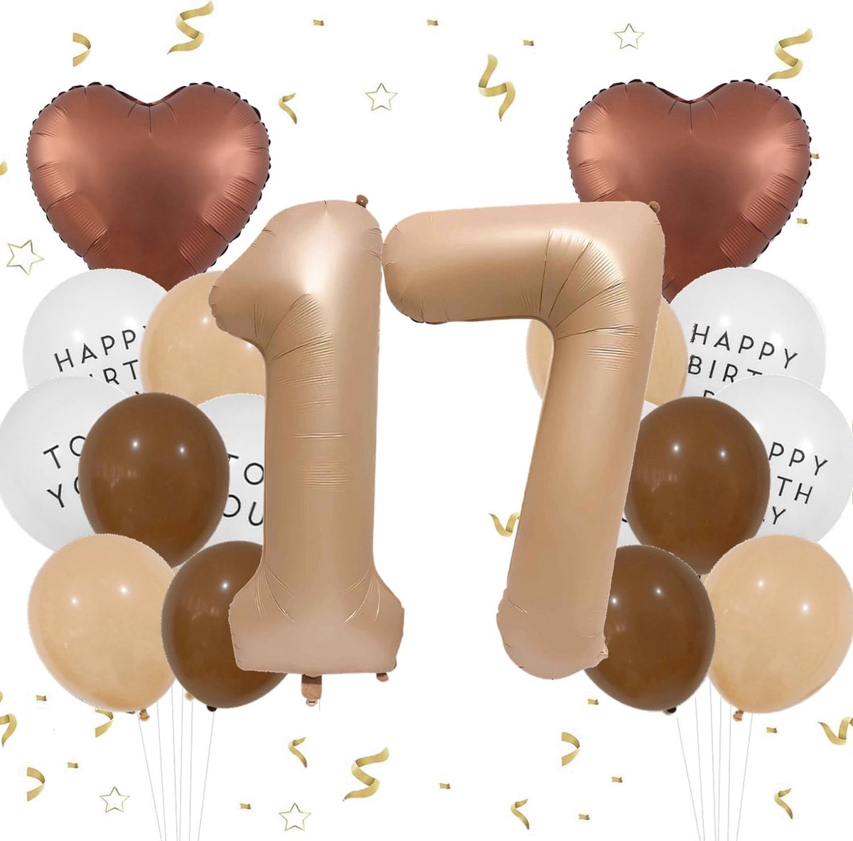 Ballon voor de 17e verjaardag voor meisjes, decoratie, cijfer 17, bruine ballonnen, 17 crème, ballonnen beige, abrikoos, koffiebruin, hart, ballonnen, Happy Birthday, voor