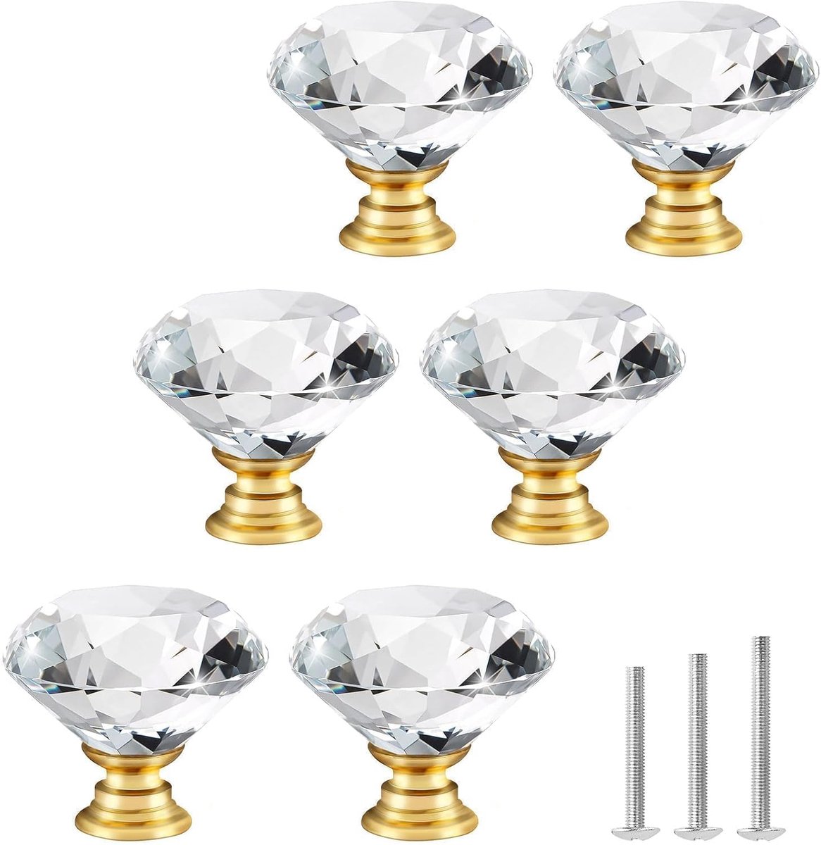 6 Kristallen gouden ladeknoppen kristall kastknoppen gouden voet | Glazen diamantvormige ladeknop 30mm met gouden voet voor keuken, badkamer, slaapkamer, dressoir, kast, kaptafel