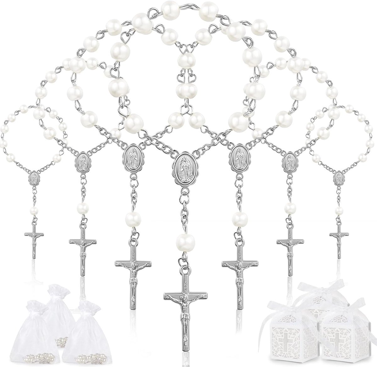 50 stuks mini-rozenkrans, gastgeschenken, doop, gastgeschenk, communie en kinderen, met 50 geschenkdozen, 50 zakjes van draad, decoratie, eerste communie voor doop, communie, bruiloft, zilver