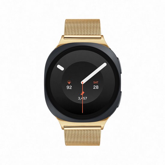 Gouden smartwatch met Milanese band, met een zwart display dat zaterdag 28 aangeeft.