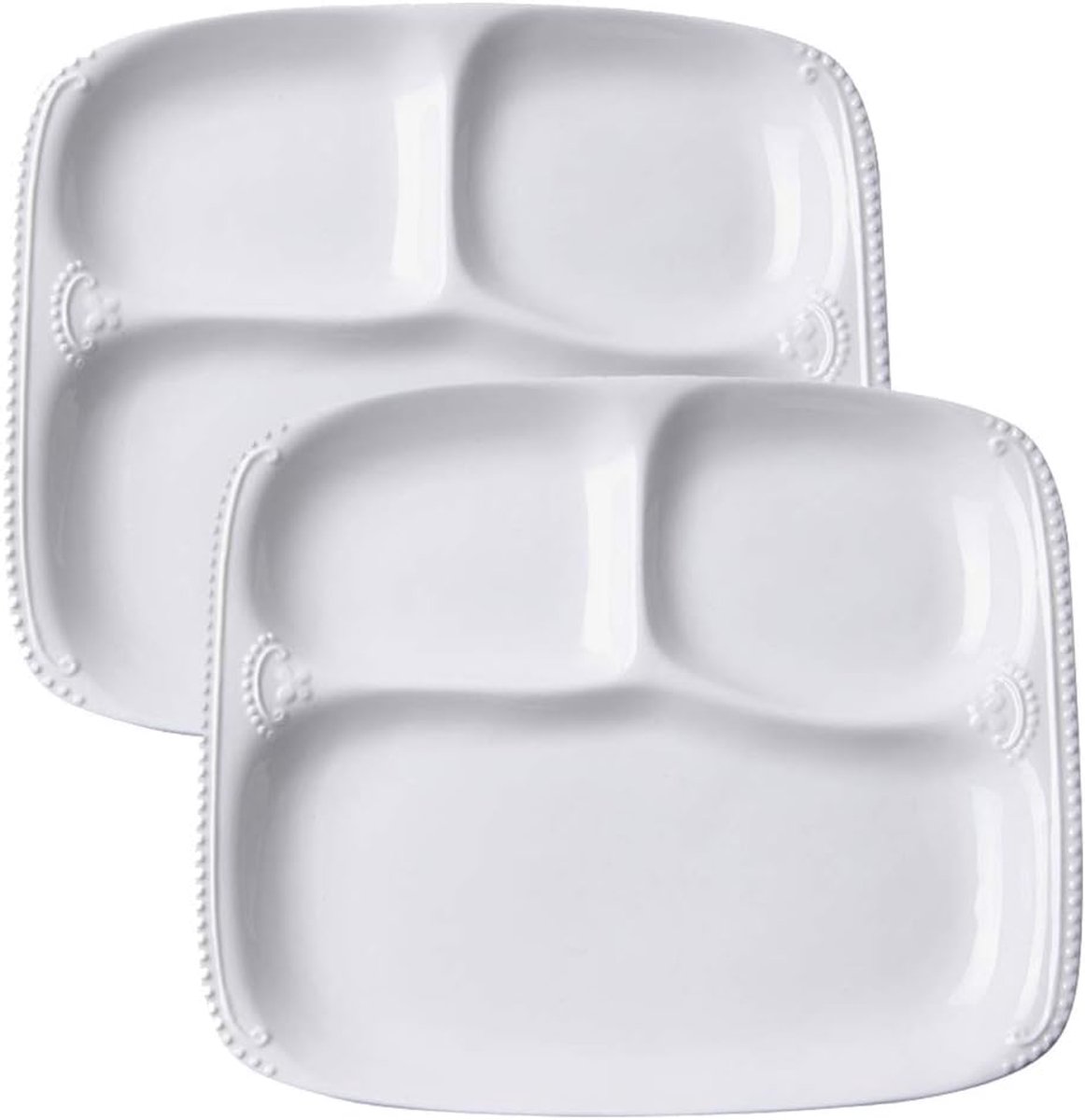 porseleinen plaat met 3 compartimenten voor een persoon, 3-in-1 rechthoekige voedselbak met kralenpatroon - 10 inch * 8,5 inch * 1 (Pack van 2)