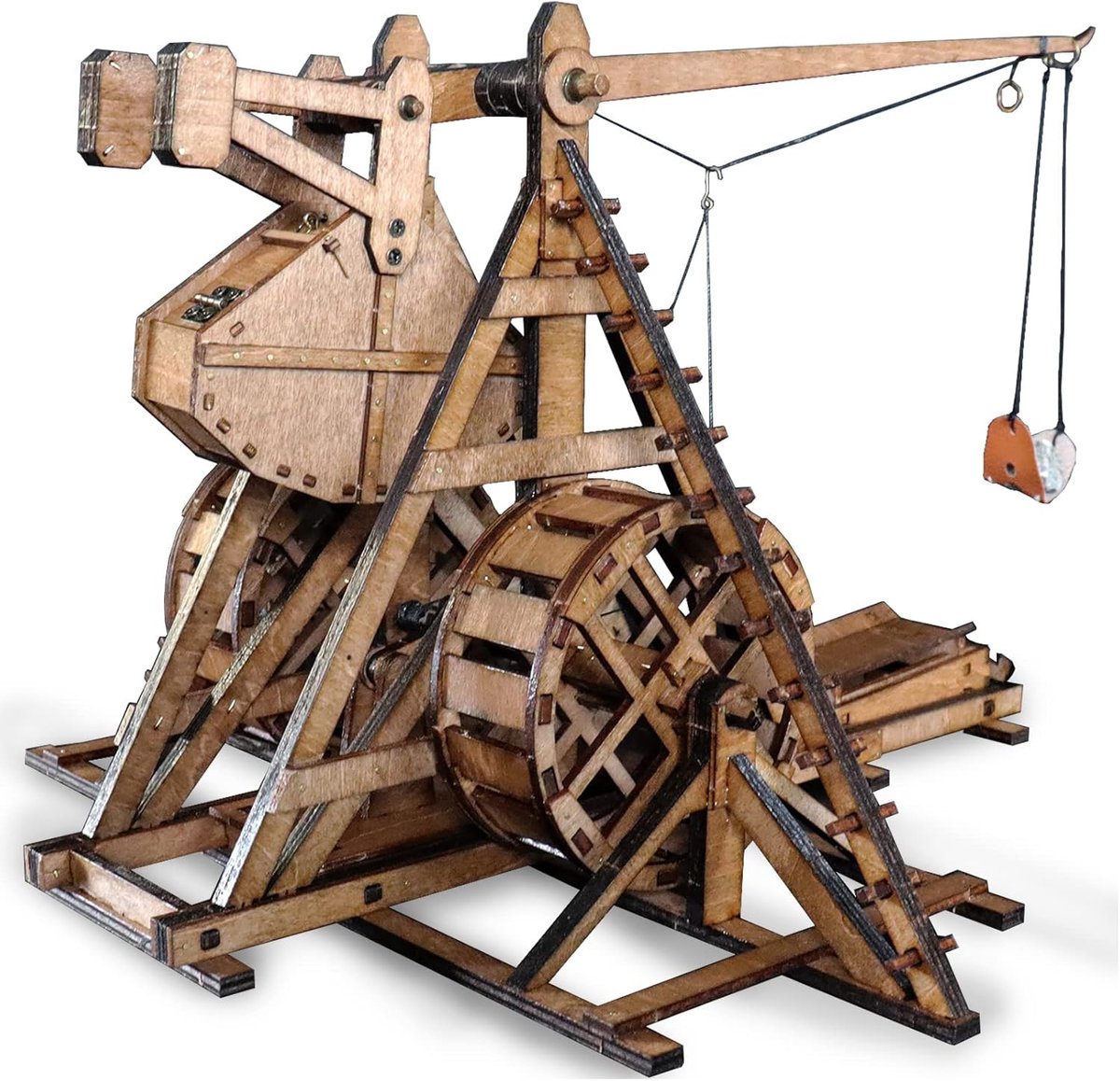 Mini Contragewicht Trebuchet Leeftijd 14+ met Wielen Europa Middeleeuwse Siege Chariot Katapult Wapens DIY 3D Houten Puzzels Model Bouwpakket STEM Projecten Desktop Speelgoed