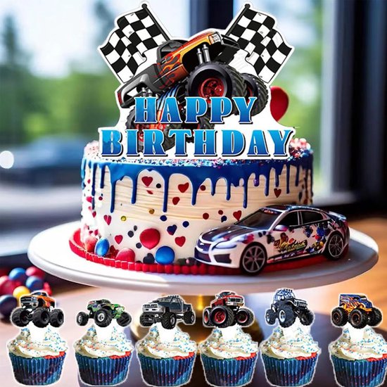 25 stuks Monster Truck Taartversiering Set – Happy Birthday Taarttopper voor Jongens – Vrachtwagen Muffin Decoraties, Auto Cupcake Topper, Verjaardagstaart Accessoires voor Kinderen — afbeelding 3