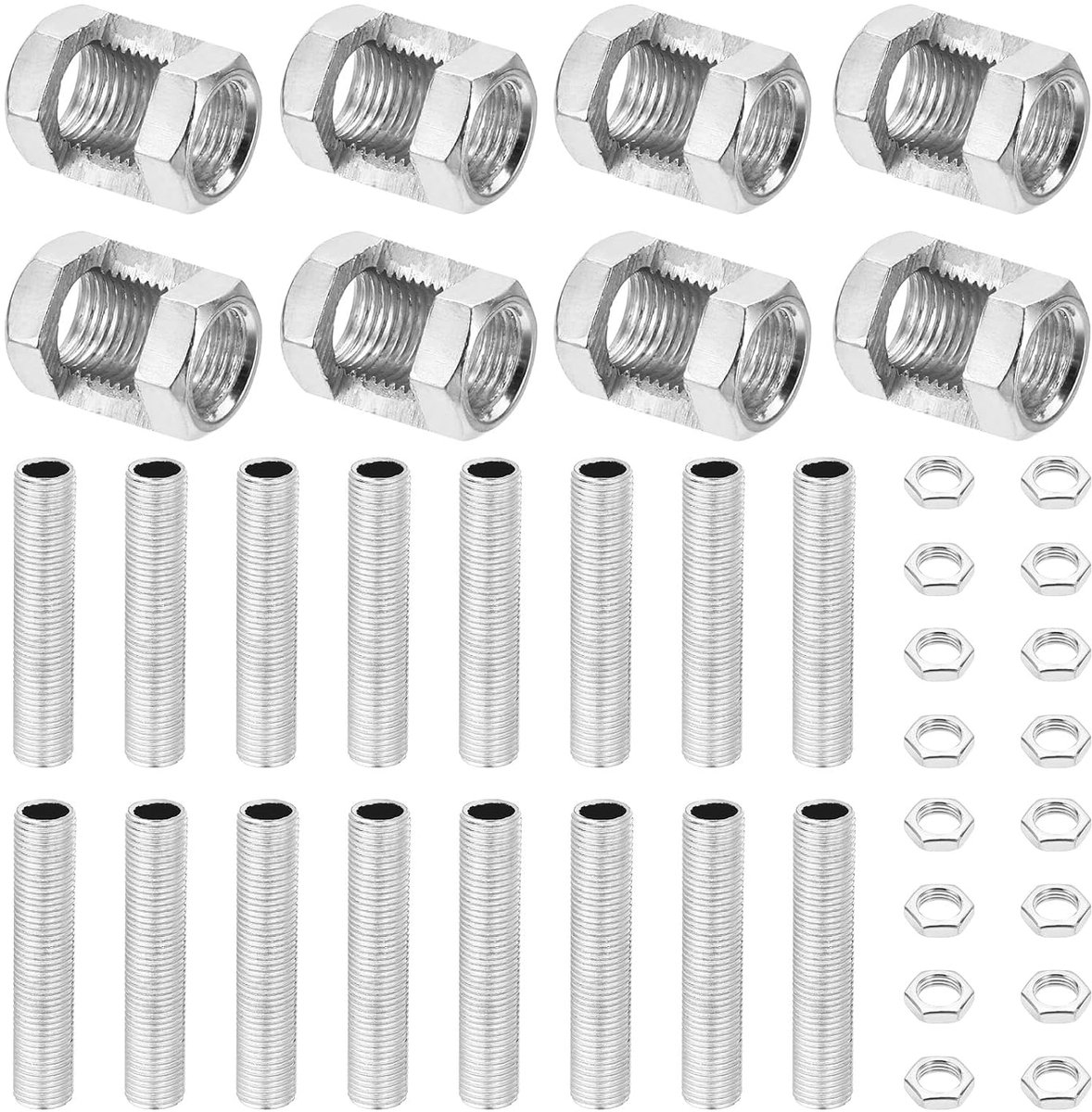 Reparatieset voor lampbuizen, fijne schroefdraad M10, 8 stuks, M10 × 20 moer, zeskantige koppeling, metaal, schroefdraadbuis, zeskantmoer voor uitbreiding van de verlichting