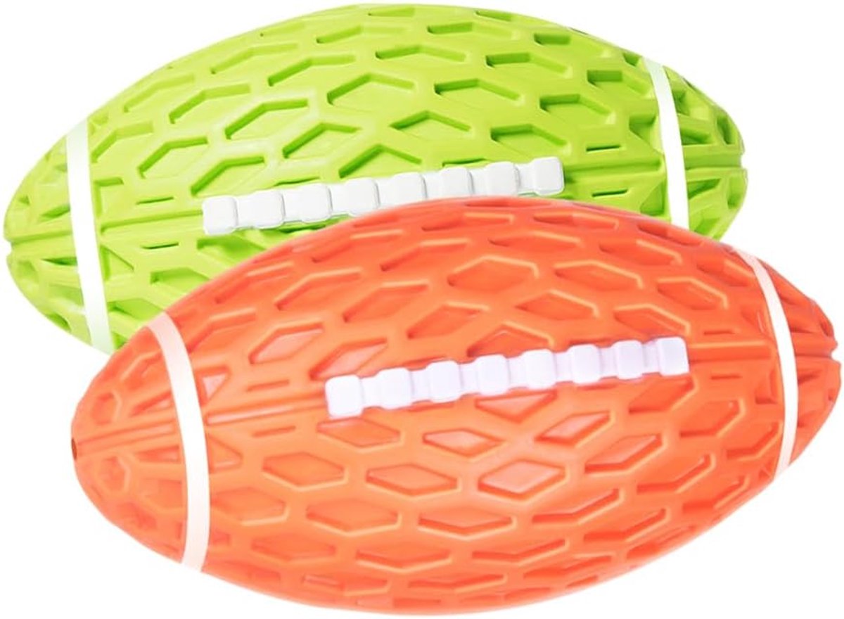 Kauwspeelgoed voor honden, hondenspeelgoed, onverwoestbaar, voor agressieve kauwers, piepend voor middelgrote en grote honden, rugbybalvorm, interactieve hondenbal voor spelen, groen en oranje,