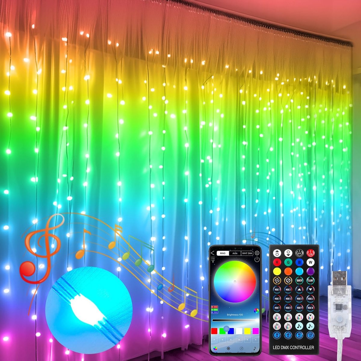 Fee Lichten, Gordijn Lampen voor Slaapkamer 3m x 3m 300 LED RGBIC 210 Modes Gordijn String Lights met Afstandsbediening, UBS Raamverlichting voor Bruiloft, Kerstmis, Party, Tuin, Buiten