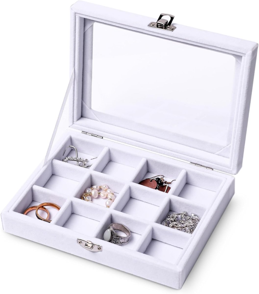 sieradenorganizer met transparant deksel, fluwelen lade-inzetstuk, sieradenopbergdoos met transparant deksel, sieradenvitrine cadeau voor vrouwen (wit, 12 vakken)