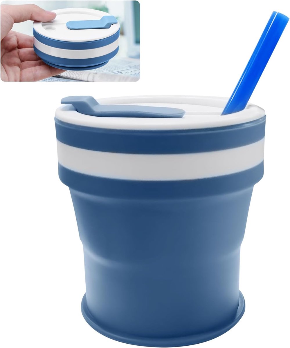 koffiemok, 350 ml, coffee-to-go-beker, opvouwbare siliconen waterbeker met rietje, deksel, lichte herbruikbare koffiebeker, lekvrije reisbeker, vouwbeker, blauw