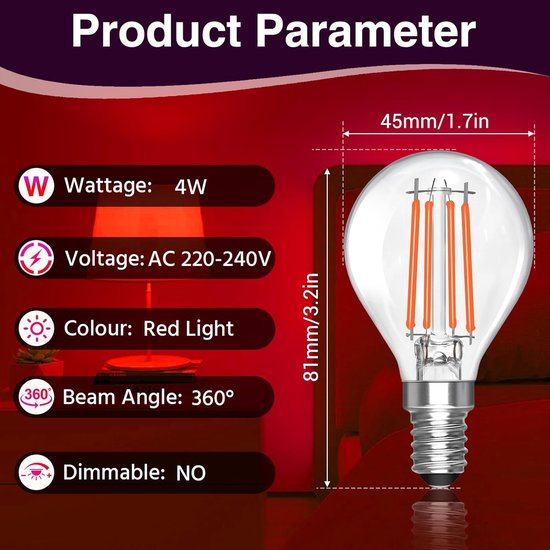 4W rode LED-gloeilamp, 4W rode gloeilamp equivalent aan 40W halogeen, 400LM, AC 230V, Edison schroeflampen, helder glas G45 Globe LED-filamentlampen, decoratie voor Halloween Kerstfeest, 2 stuks — afbeelding 2