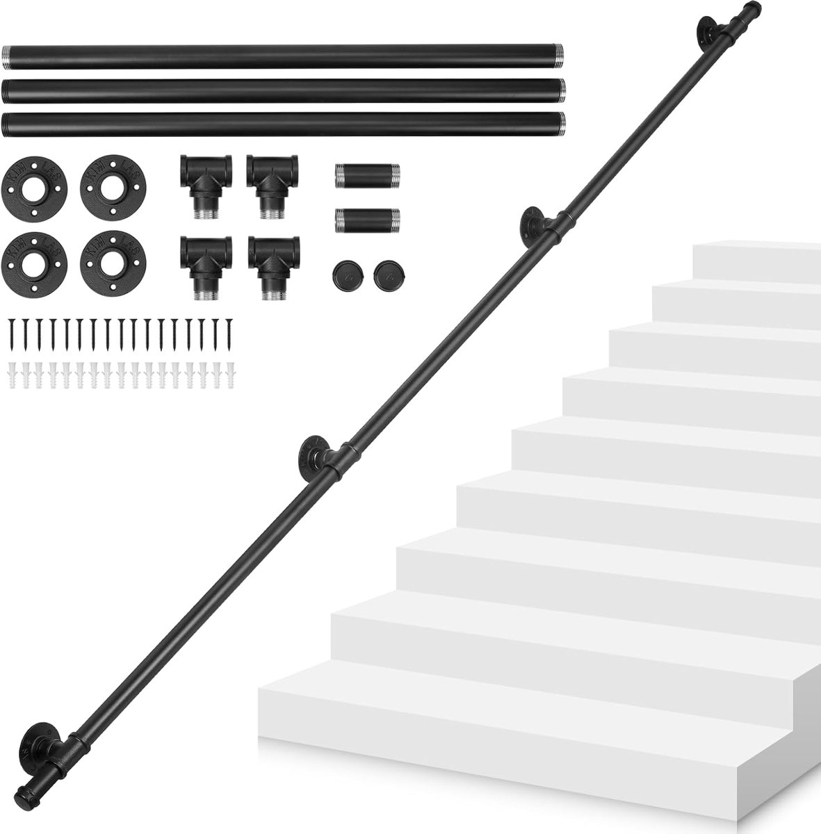 bimiti Trapleuning voor binnen, trapleuning, trap, zwart, 300 cm, antislip, voor trappen, industrieel, mat zwart, metaal, trap voor trappenhuis, tuin, huisingang, gang