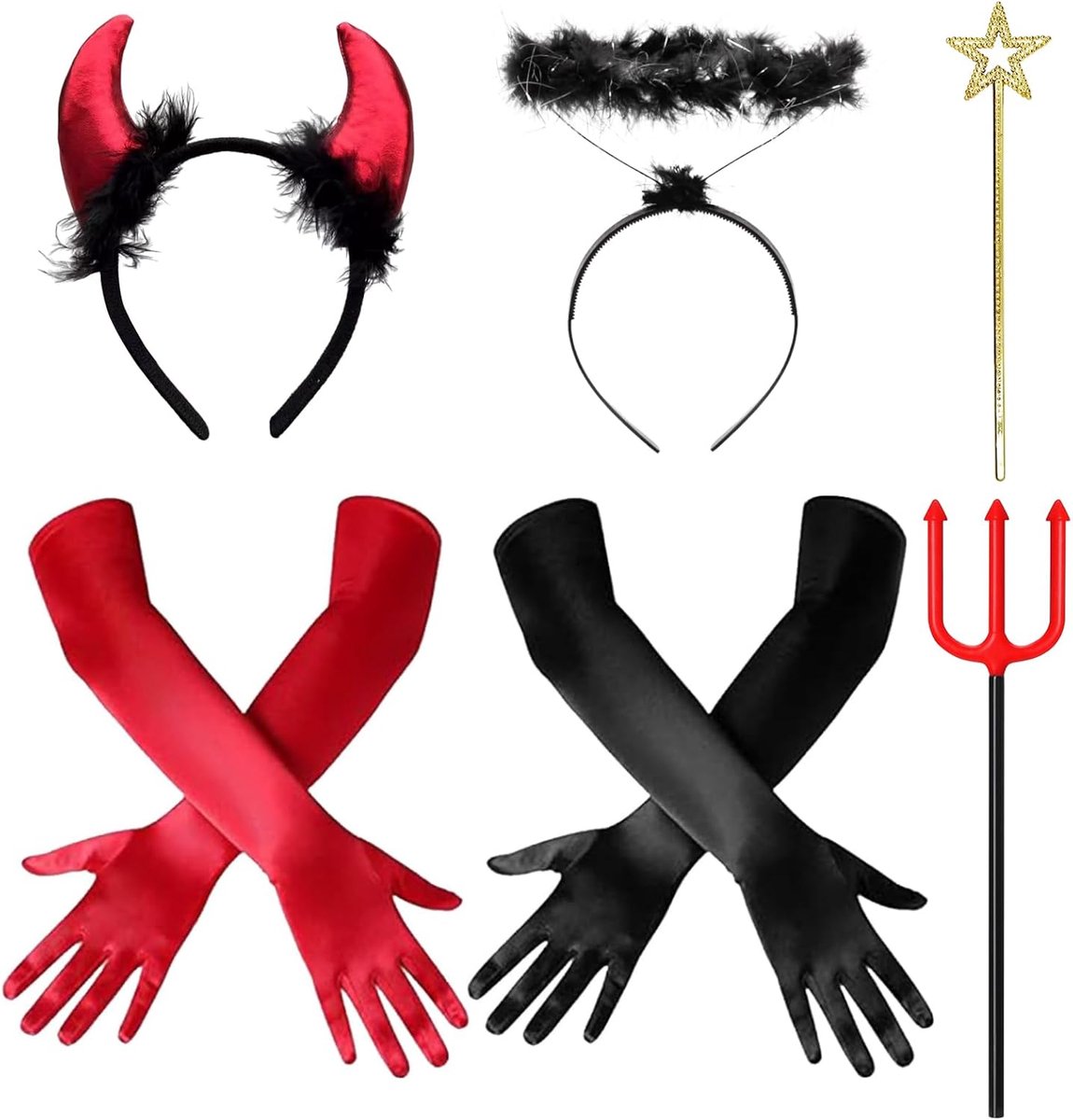 Duivelskostuum voor dames en meisjes, carnaval, duivelskostuum, haarband, duivelshoorns, heiligen, handschoenen, toverstaf, kostuum, accessoire voor carnaval, Halloween, cosplay party