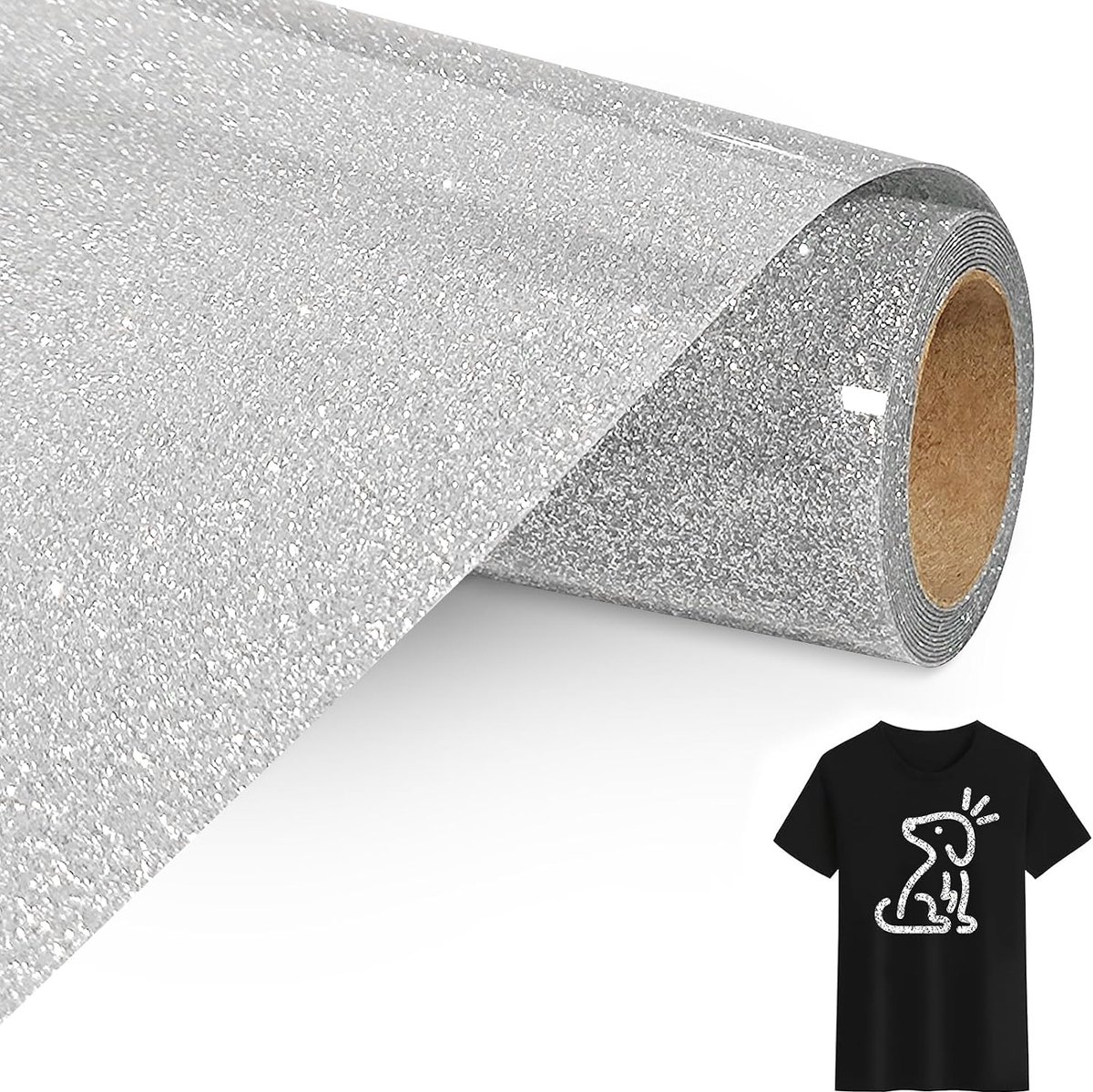 Zilver Glitter Opstrijkbare Vinylrol Voor Stoffen, 30.5cm X 152cm Glitter Iron On Heat Transfer Vinyl met Wiedgereedschap, Opstrijkbare Flex Voor Stoffen, T-Shirts (Zilver)