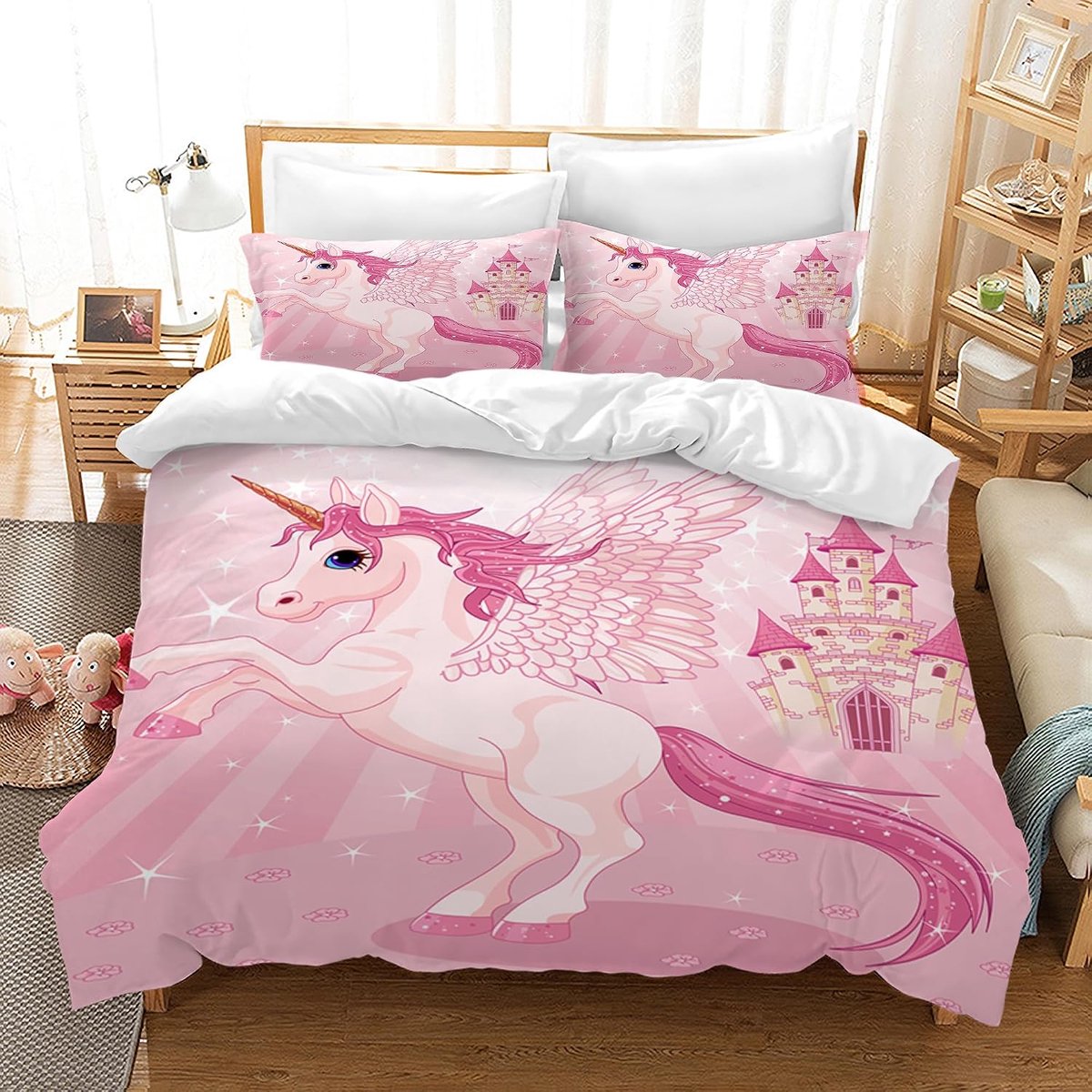 beddengoedset, kinderbeddengoedset met dekbedovertrek en 2 kussenslopen, cartoon, microvezel, zacht, voor meisjes, met ritssluiting (200 x 200 cm, stijl I)