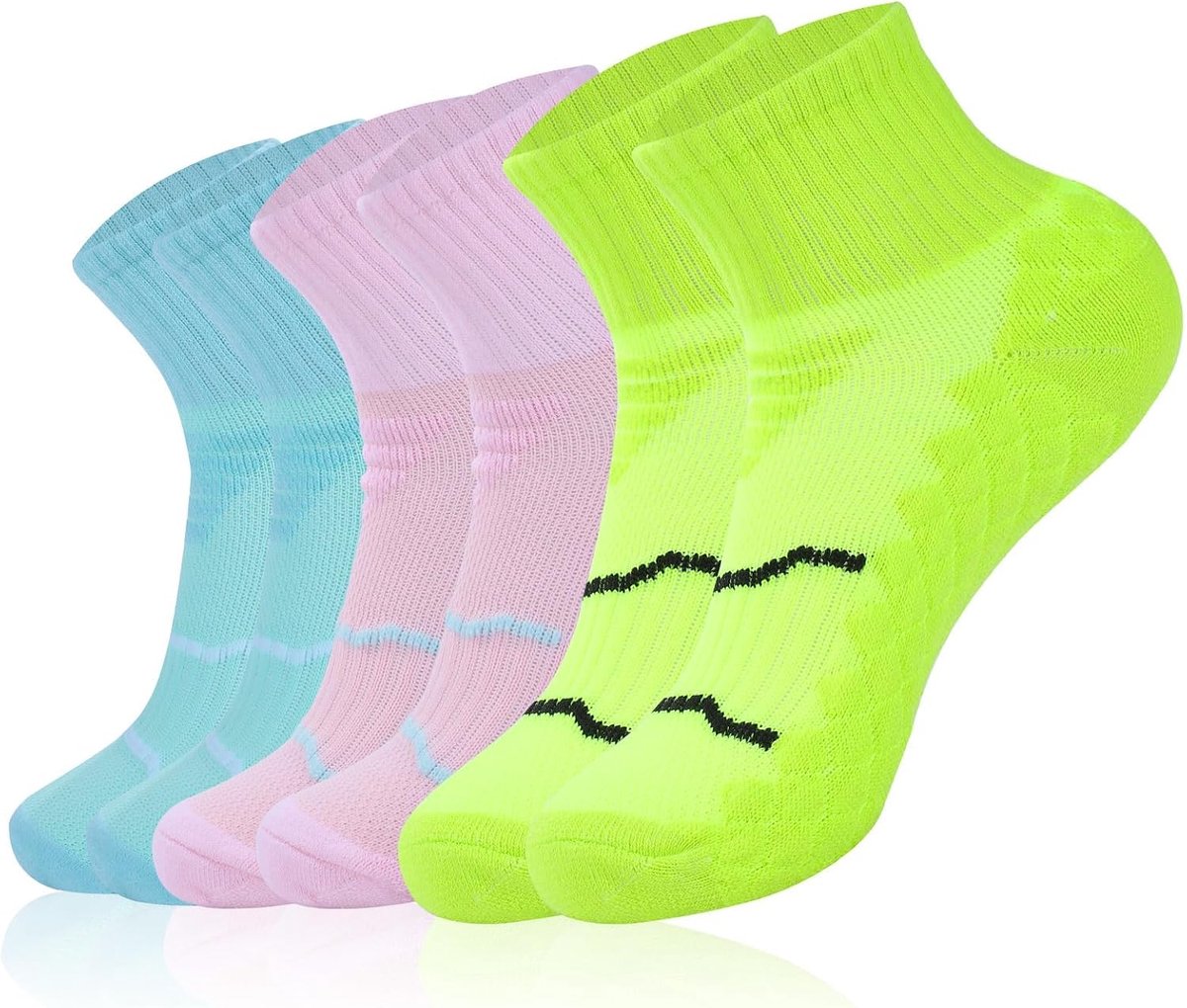 Sokken voor dames, 3 paar enkelhoge sportsokken, hardloopsokken voor dames, hardloopcadeaus voor vrouwen, hardloopsokken voor dames 4-7 (36-42 cm), Blauw+Roze+Geel, One size
